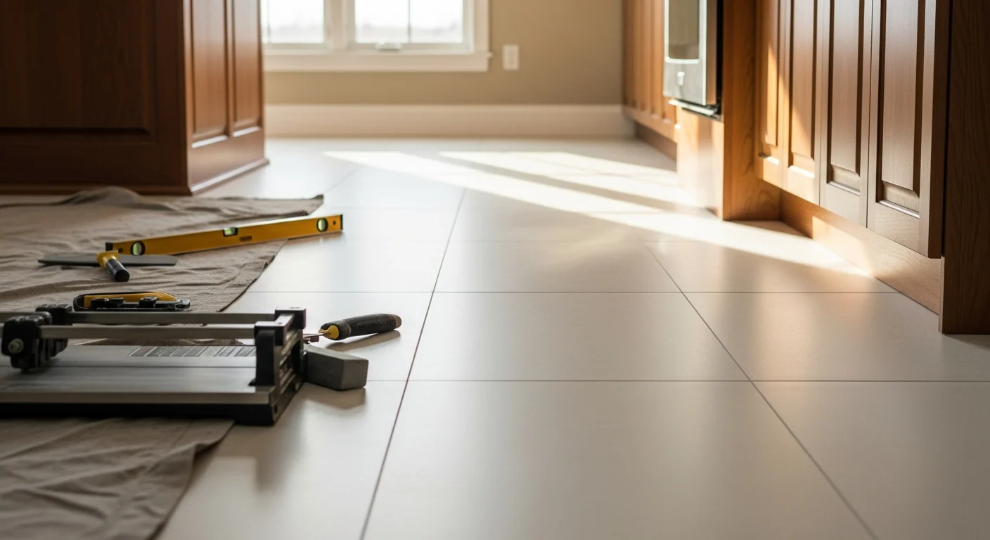 Tile installer laying custom floor tiles in residential kitchen