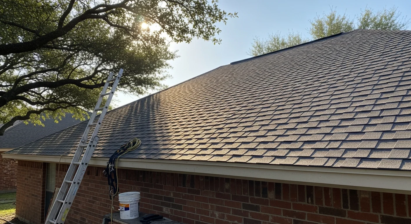 Roofer installing shingles on residential home roof