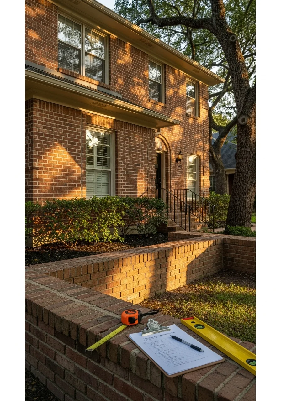 Craftsperson inspecting a residential property's exterior in a typical Houston neighborhood setting.