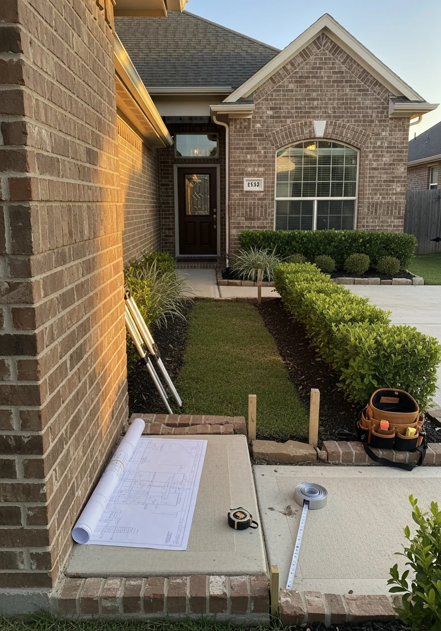 Homeowner and service professional discussing property details in front of a Katy residence.