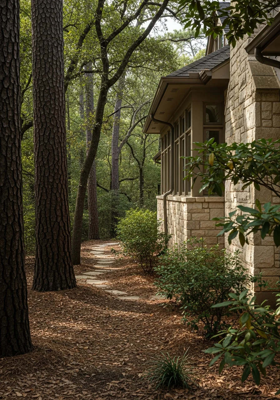 Wooded grounds and architectural details of a Piney Point property showing integration with natural landscape.