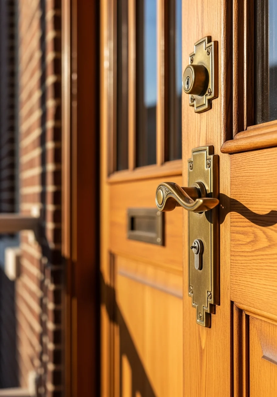Close-up of period woodwork and vintage hardware on a Heights home's front entrance door.