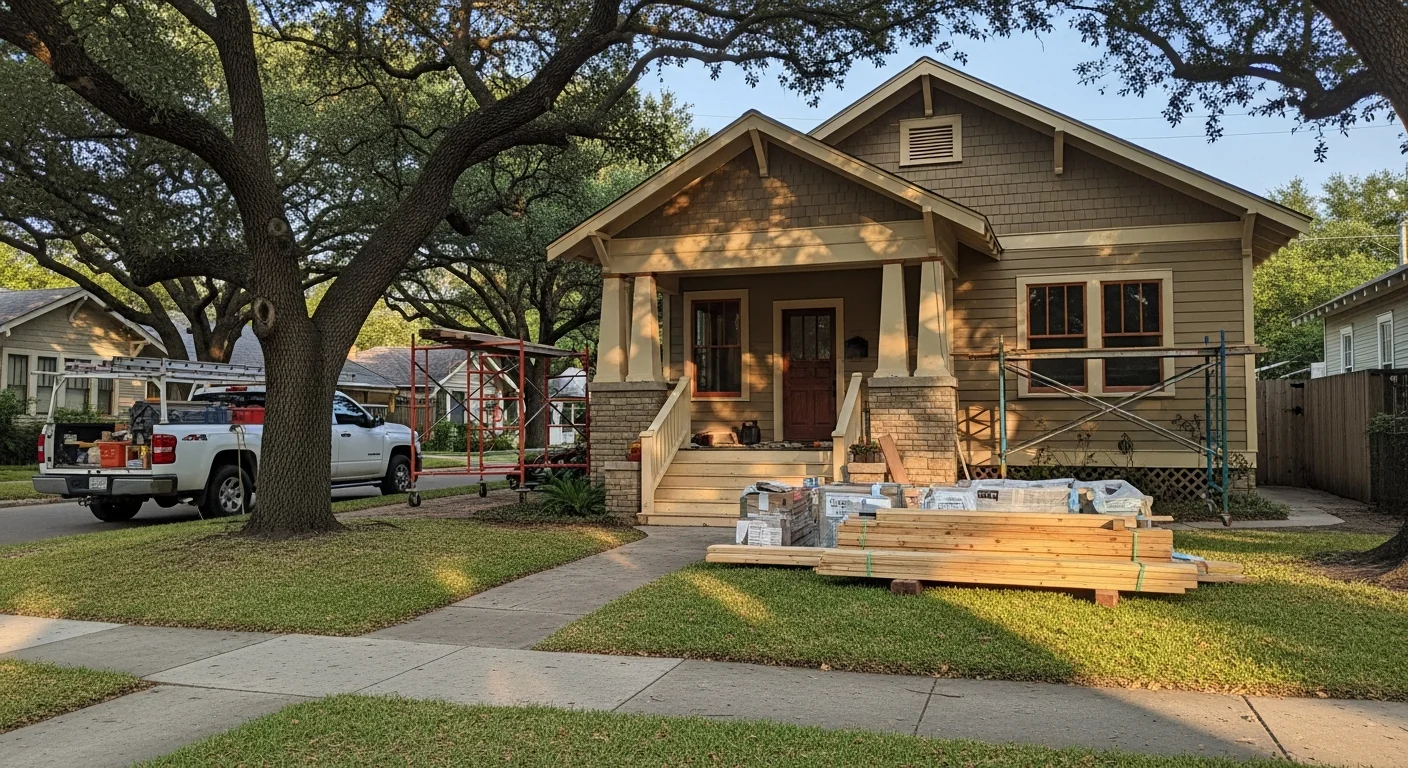 Restored 1920s bungalow with original front porch and mature oak trees lining a quiet Heights street.