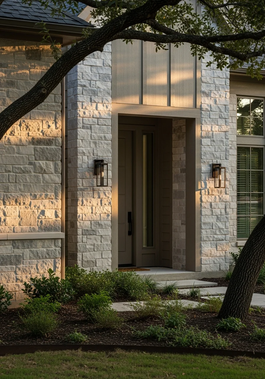 Detail shot of high-quality exterior finishes and architectural elements on a Woodlands-style residence.