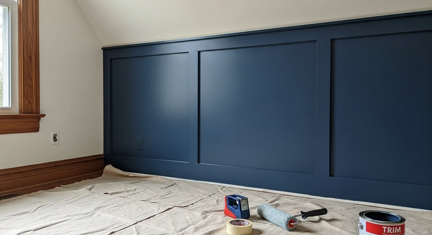 A freshly painted deep-toned accent wall in the living room of a Craftsman-style home in The Heights, Houston, with clean edge lines along white trim and natural wood flooring visible in the foreground. The painted wall anchors a seating area and contrasts with the lighter neutral tones on the surrounding walls.