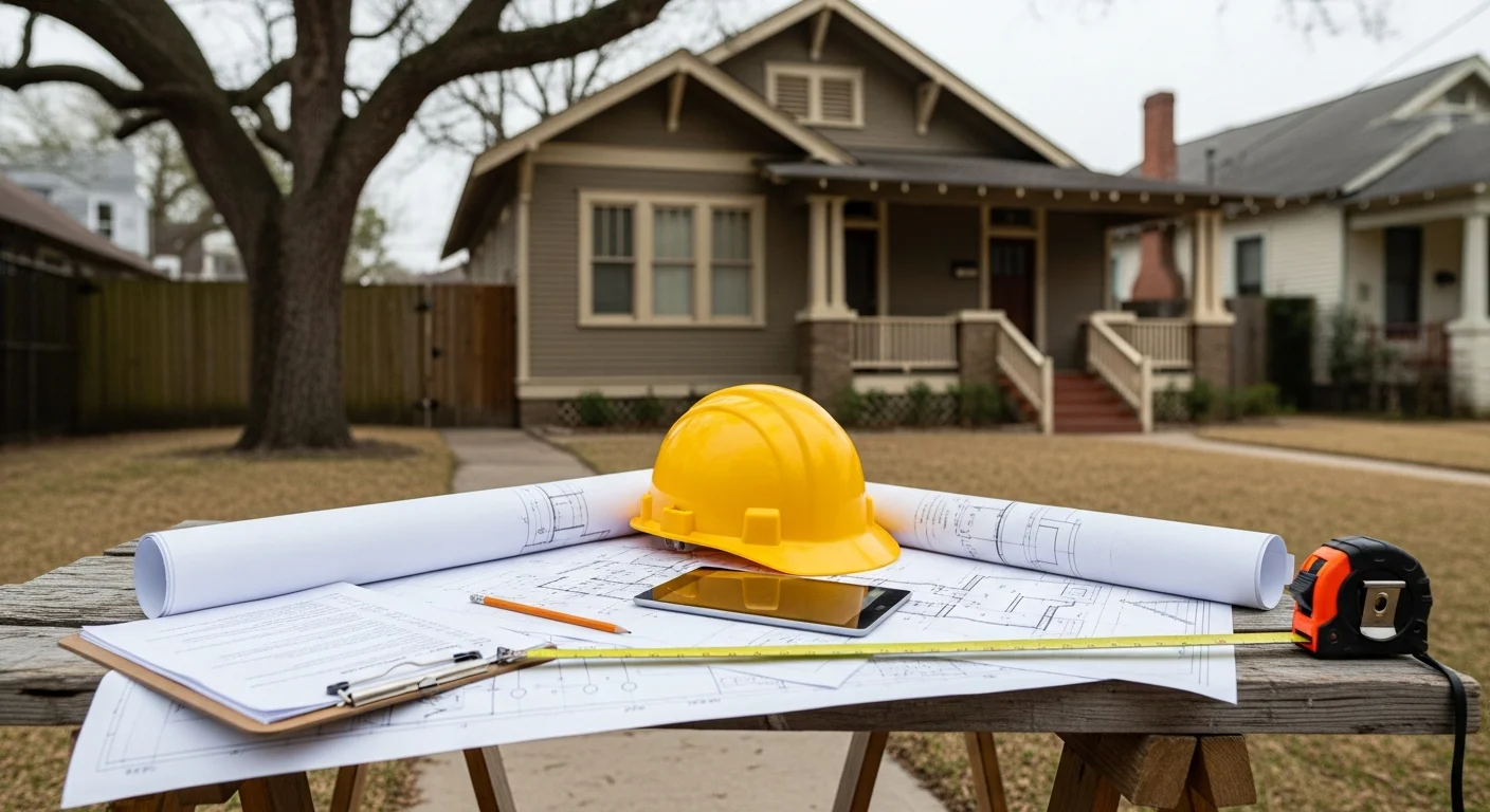 A general contractor reviewing custom construction design plans with a homeowner on a residential lot in The Heights, Houston. The surrounding block shows a mix of historic bungalows and newer infill construction typical of the neighborhood.