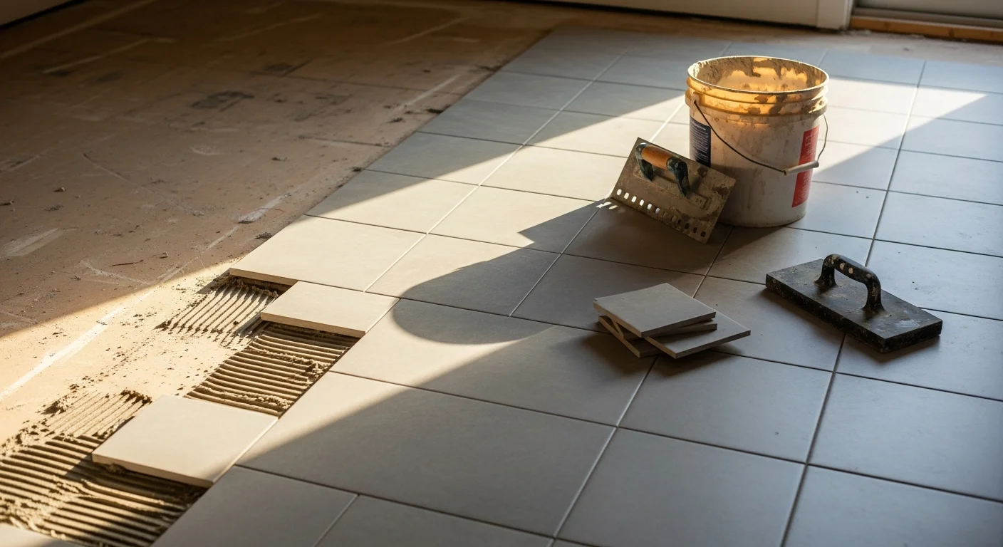 Custom tile floor installation in a Heights Houston home kitchen, showing precisely set field tiles with tight grout joints and clean edge cuts along the cabinetry base. A flooring contractor from Vivas Construction Services works on subfloor preparation in the background of a historic bungalow-style interior.