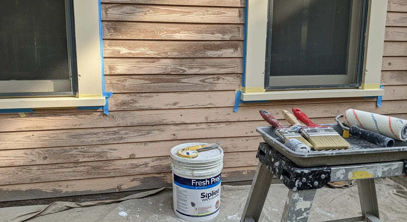A freshly painted craftsman-style home exterior in The Heights, Houston, with clean white siding and dark trim. A painting contractor applies a second coat to the wood fascia on a covered front porch.
