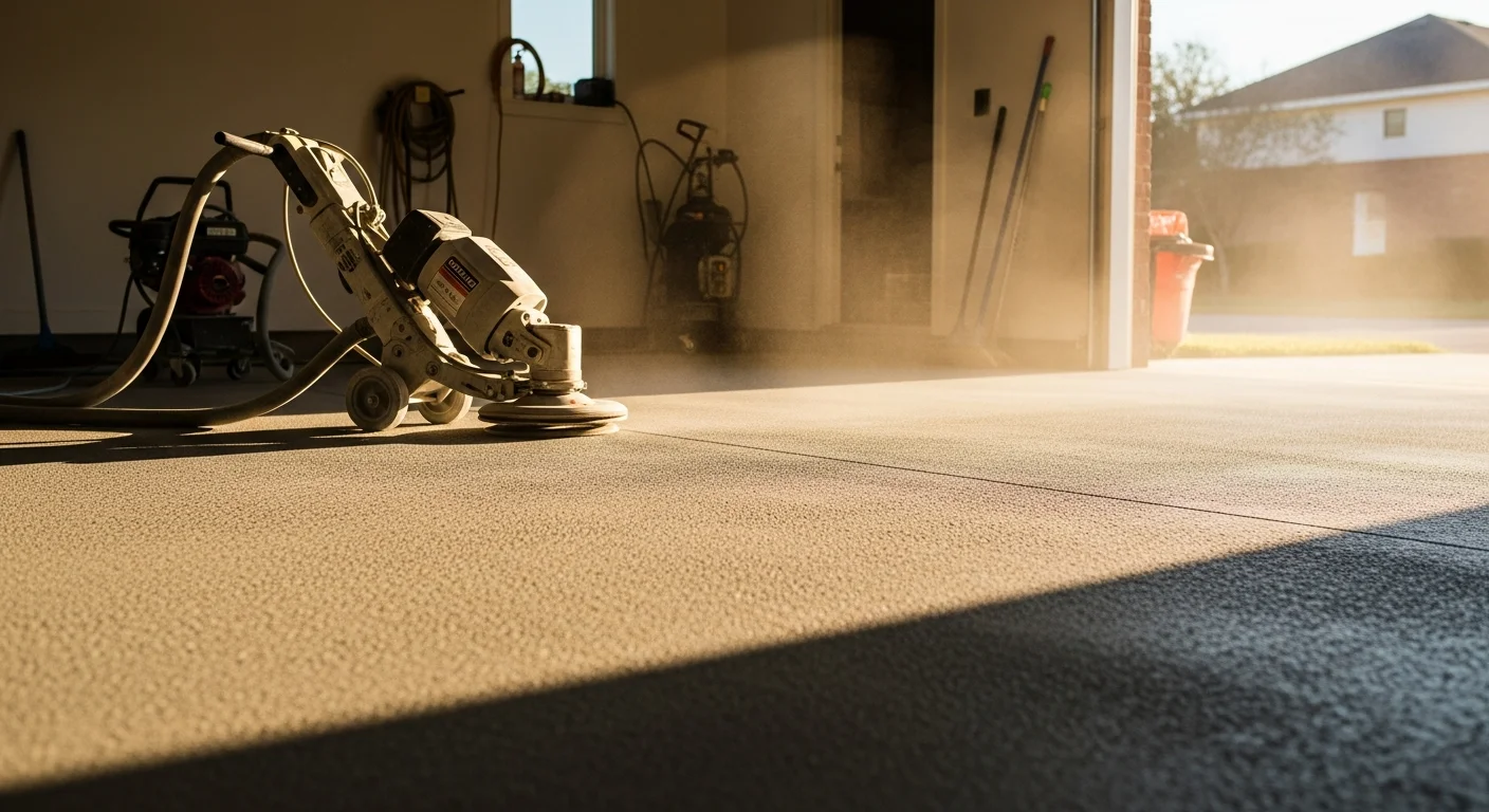 A freshly coated concrete garage floor in a Heights Houston home showing a smooth, sealed surface with a decorative finish. The coating covers the full slab area with clean edges along the walls and no visible cracking or staining.