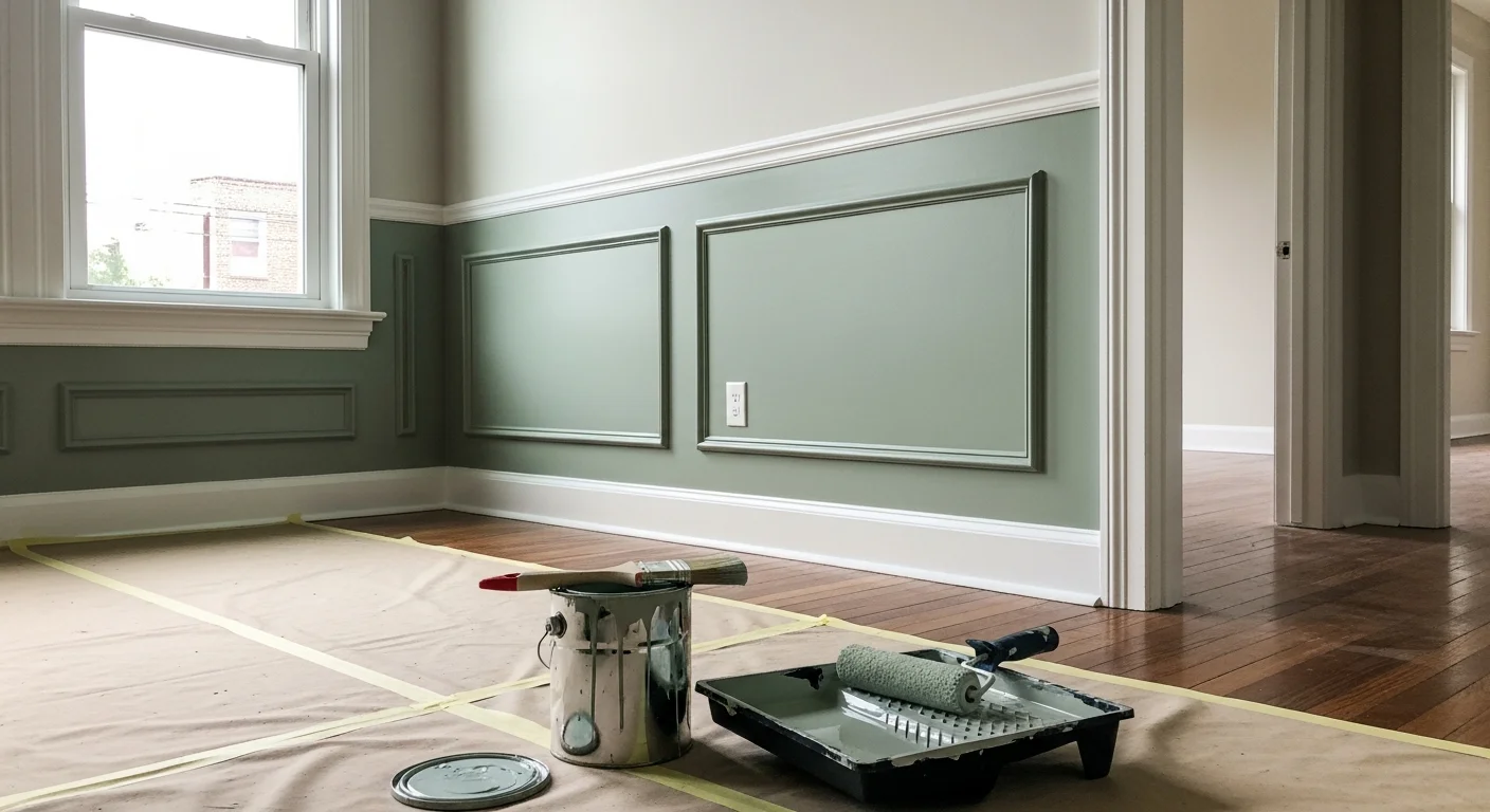 Interior of a Craftsman bungalow in The Heights, Houston, with freshly painted white walls, detailed wood trim, and large windows letting in natural light. A painting contractor applies a second coat to the crown molding in the main living area.