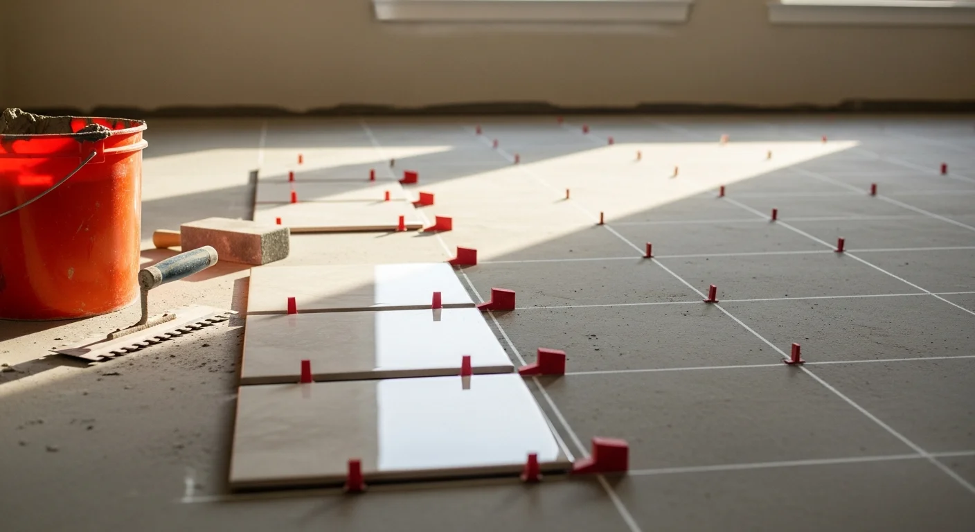Freshly installed kitchen floor tile in a Heights Houston home, showing clean grout lines and a level surface extending from the base cabinets to the doorway. A tiled backsplash is visible above the countertop along the back wall of the kitchen.
