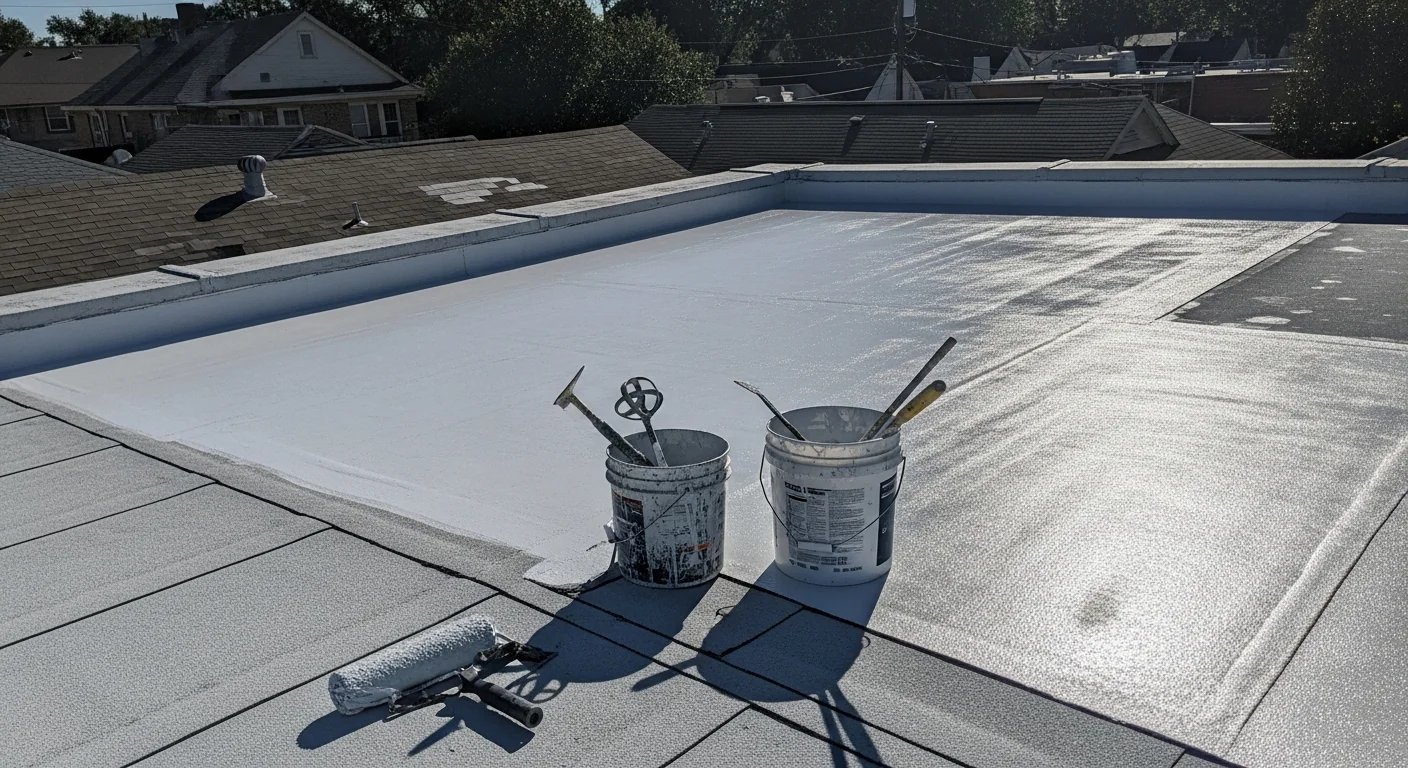 A flat residential roof in The Heights, Houston, with a freshly applied reflective white coating covering the entire surface and sealed seams visible along the edges. A row of historic bungalows lines the street below under a bright Texas summer sky.