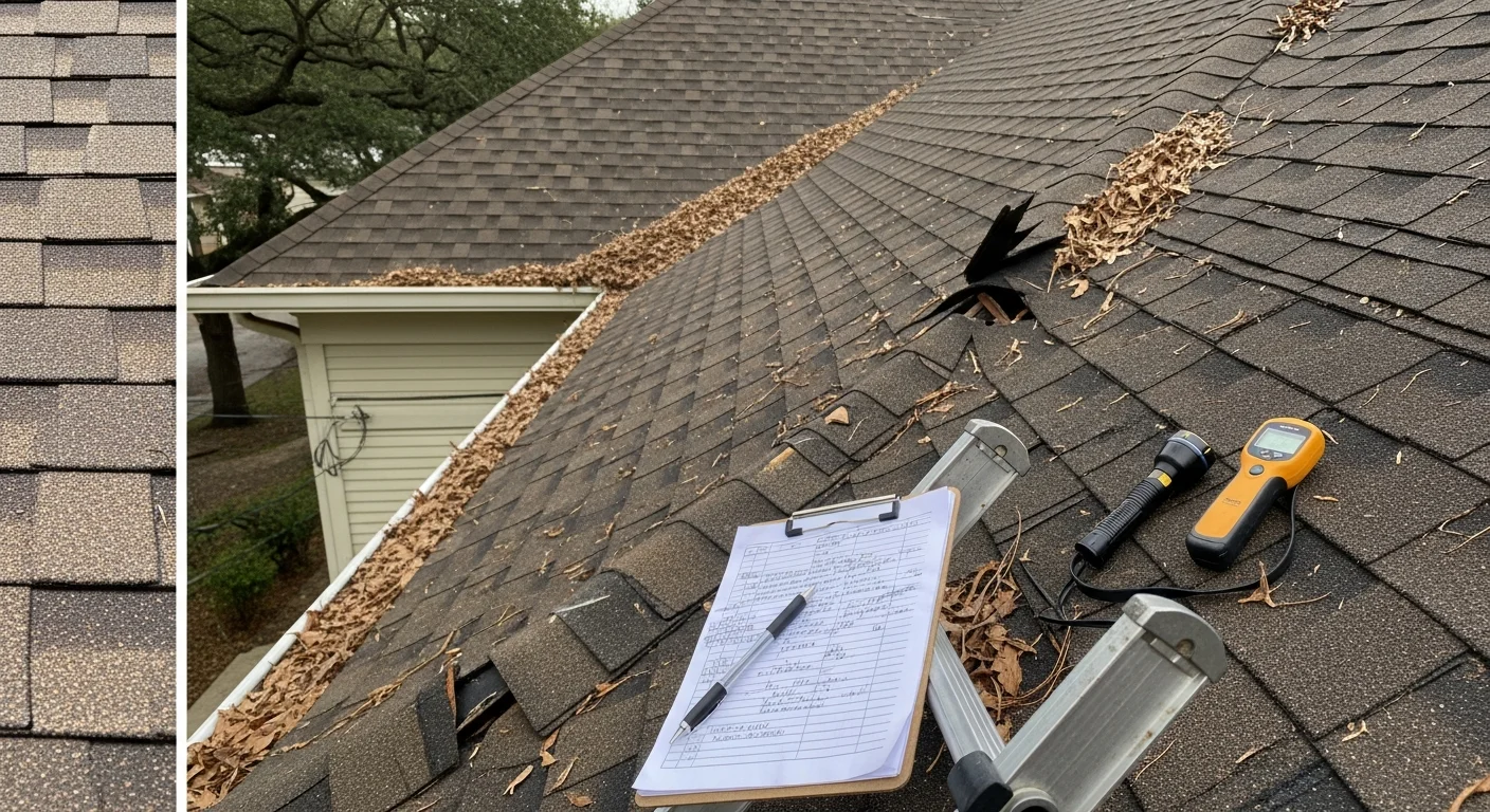A roofing contractor from Vivas Construction Services inspecting the steep-pitched roof of a historic Craftsman bungalow in The Heights, Houston. The inspector examines shingles and flashing near a dormer while mature oak trees line the street below.