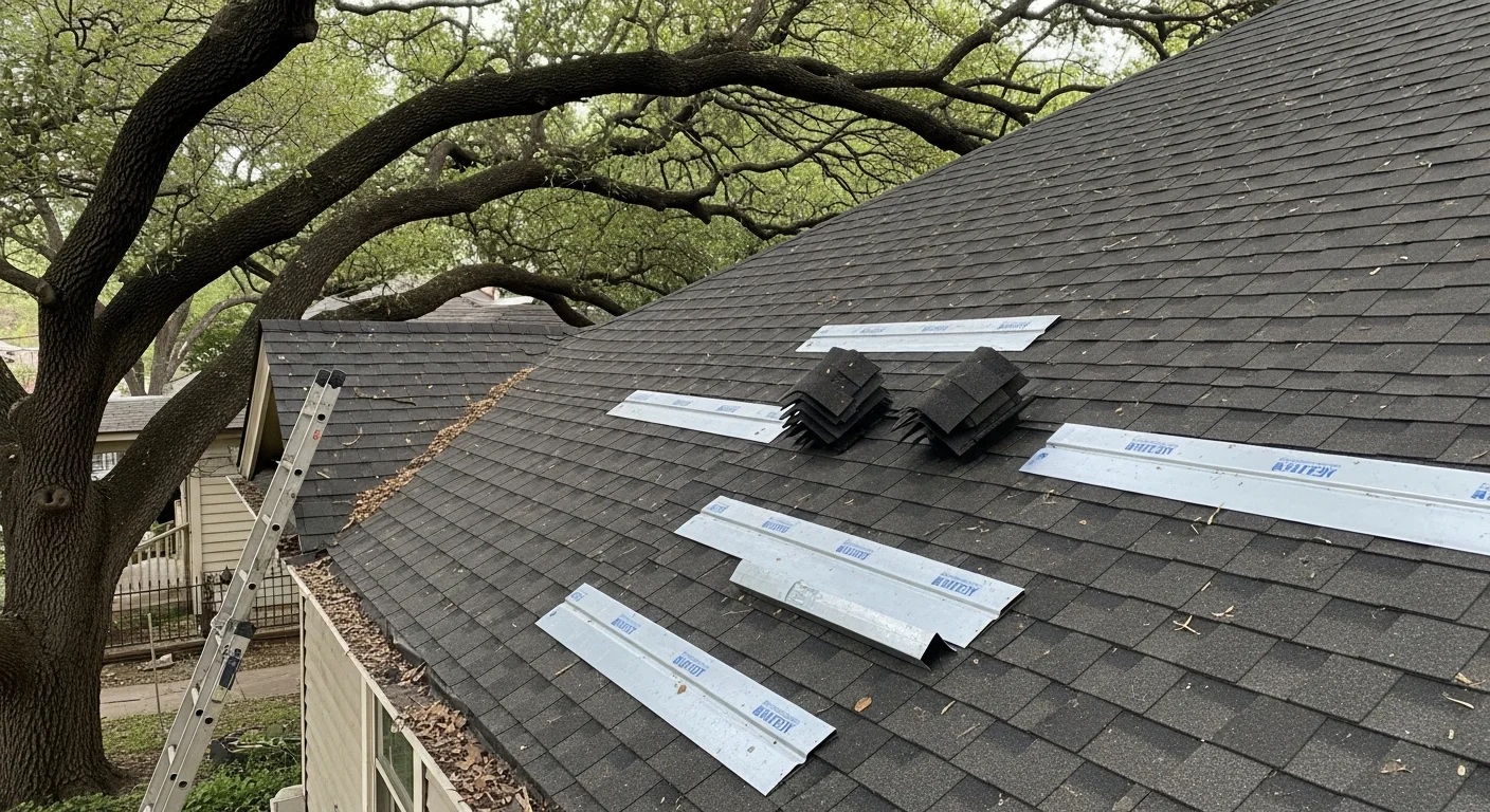 A roofing contractor repairing storm-damaged shingles on a steep-pitch Craftsman bungalow roofline in The Heights, Houston. Close-up view shows replaced shingles and sealed flashing along the roof edge.