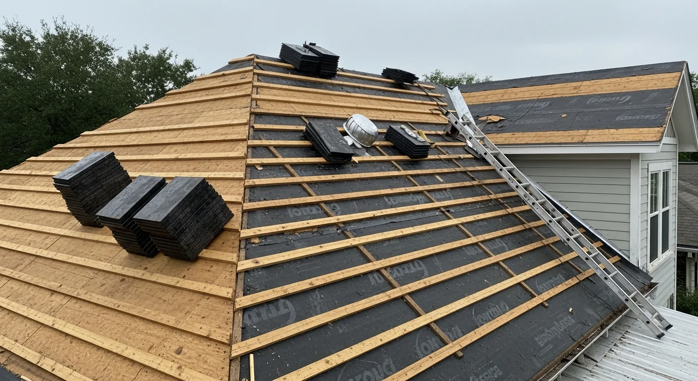 A completed roof replacement on a Craftsman bungalow in The Heights, Houston, showing new shingles fitted to a steep-pitched roofline with mature trees in the background. Close-up view of clean ridge capping and uniform shingle installation on a historic Heights home.