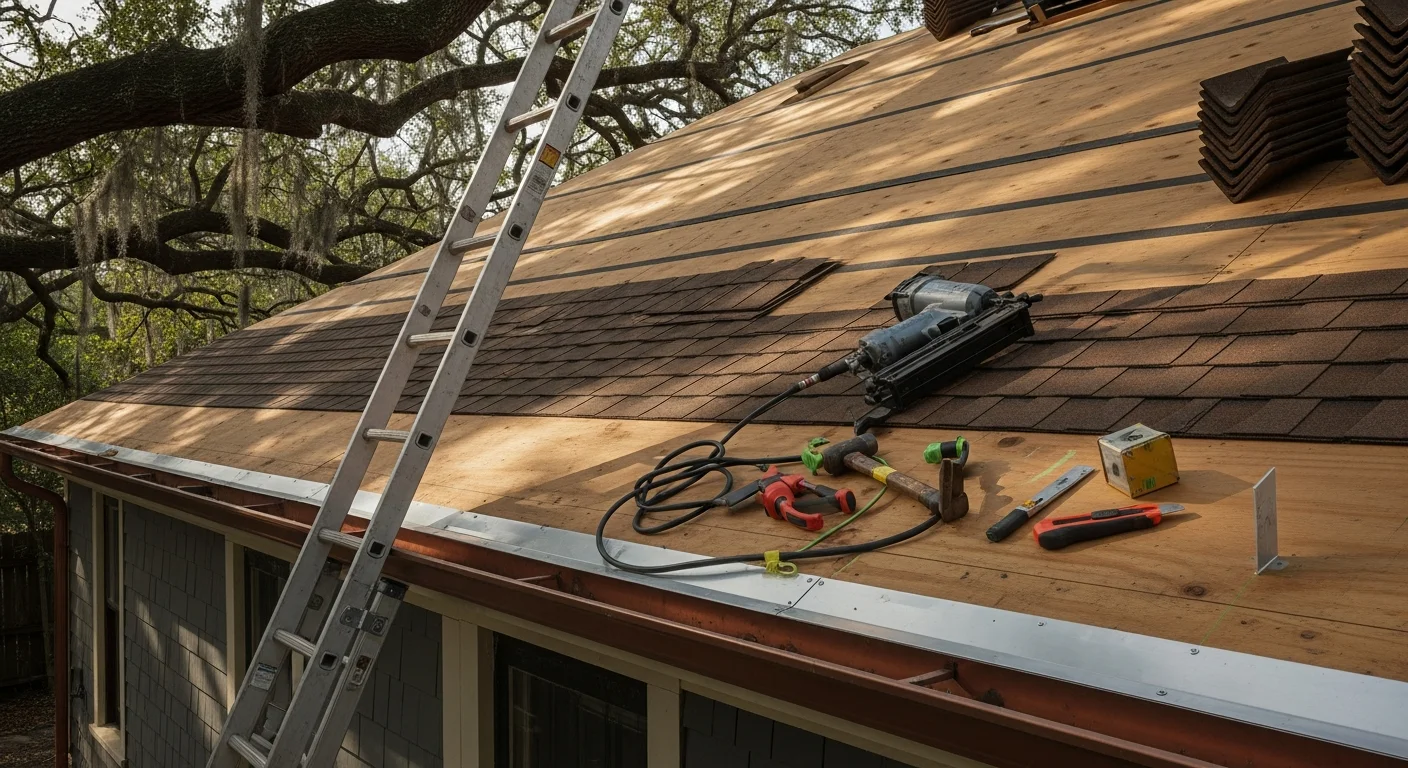 A repaired residential roof on a Craftsman-style bungalow in The Heights neighborhood of Houston, showing clean shingle lines and intact flashing along the roofline. The home sits beneath a mature tree canopy typical of the Heights area.