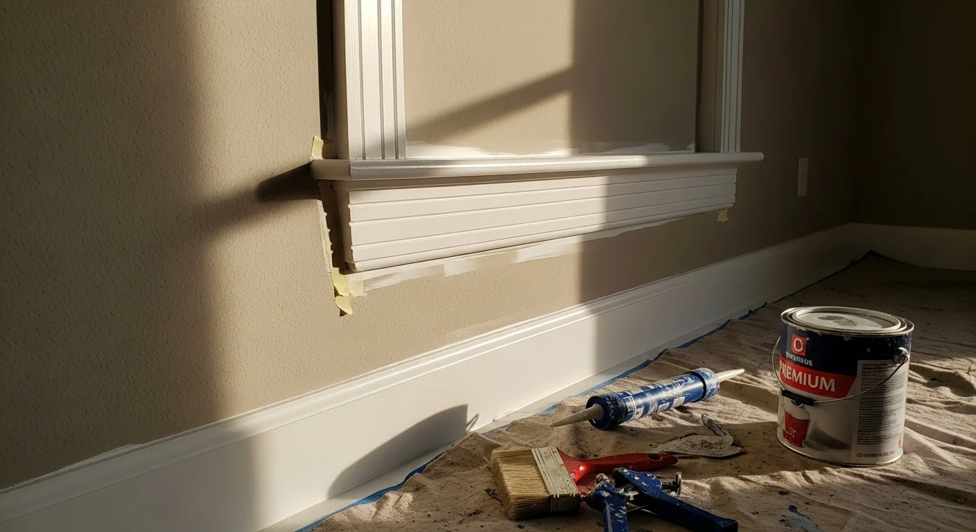 A freshly painted white crown molding and baseboard trim in a Craftsman bungalow interior in The Heights, Houston, showing crisp lines where the trim meets a light gray wall. Close-up view highlights smooth, even finish on period millwork with no brush marks or gaps at the joints.