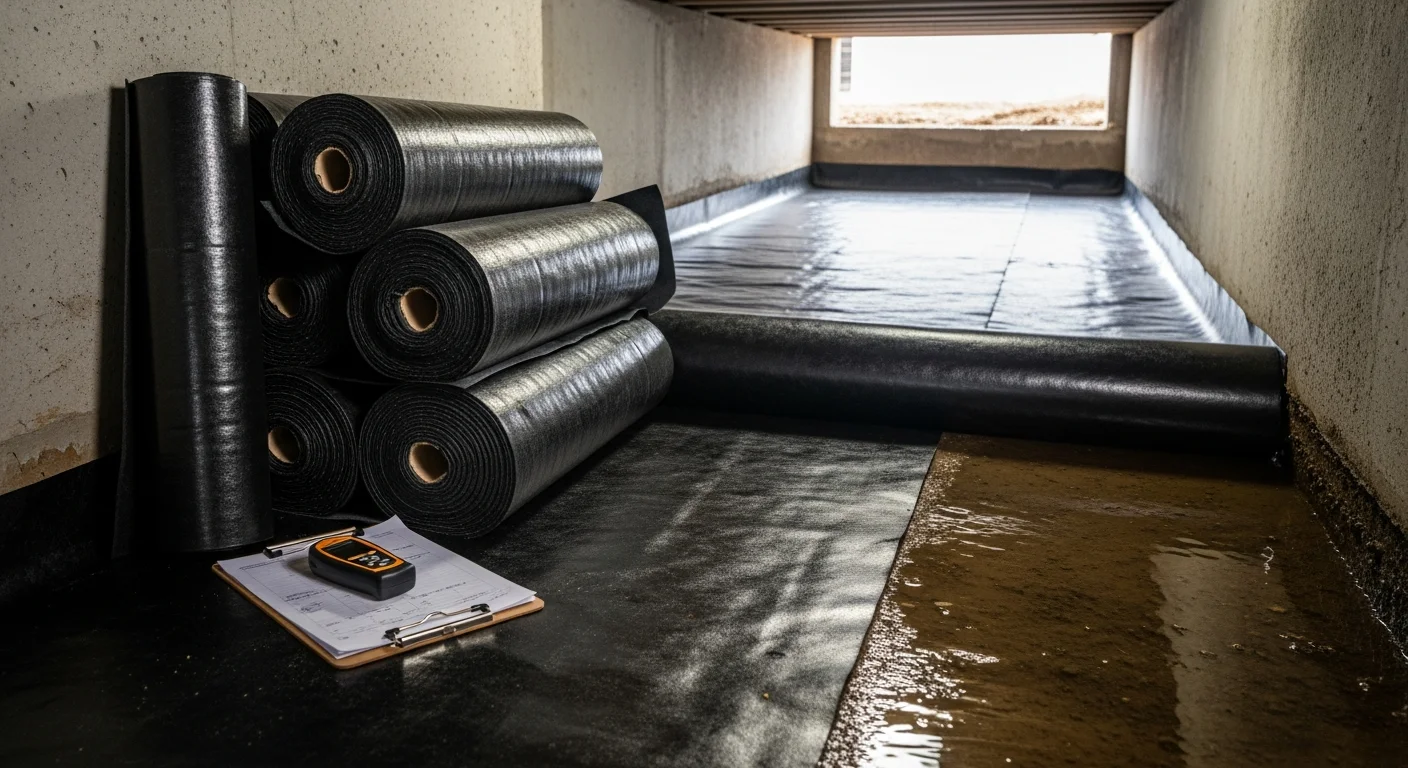 A crawl space beneath a pier-and-beam home in The Heights, Houston, showing a freshly installed vapor barrier covering bare soil. A contractor from Vivas Construction Services inspects the sealed crawl space for moisture control coverage.